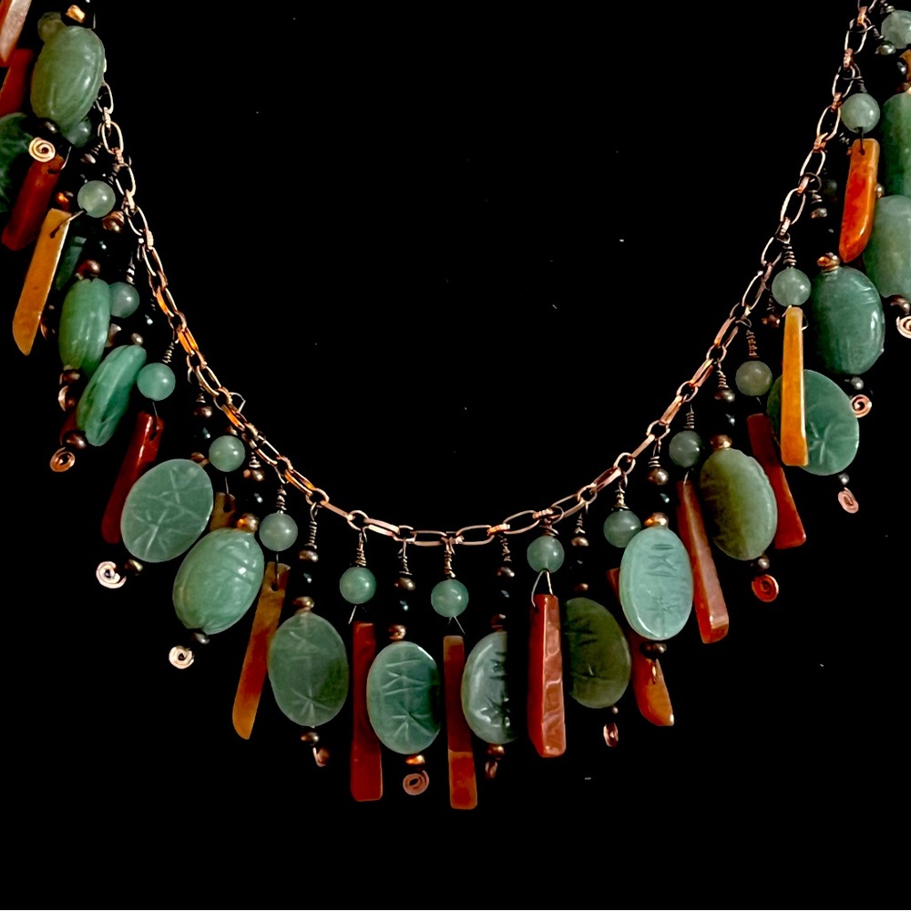 NWT HANDCRAFTED NECKLACE COPPER-Linked Semi-Precious GREEN & PEACH AVENTURINE
